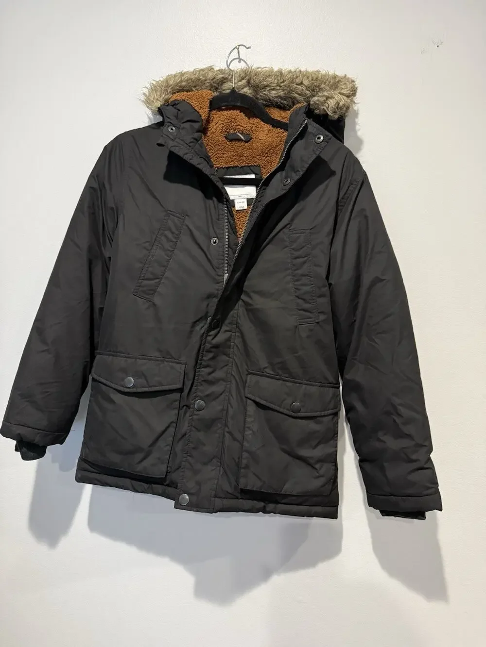 Old Navy Kids Size L 10/12 Winter Parka Jacket Coat Hooded Black Sherpa Lined